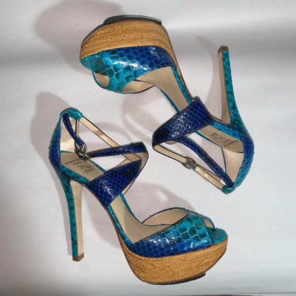 Alexandre Birman Blue Python Leather Platform Heels Pumps Sandals Shoes 7.5 - Picture 5 of 10